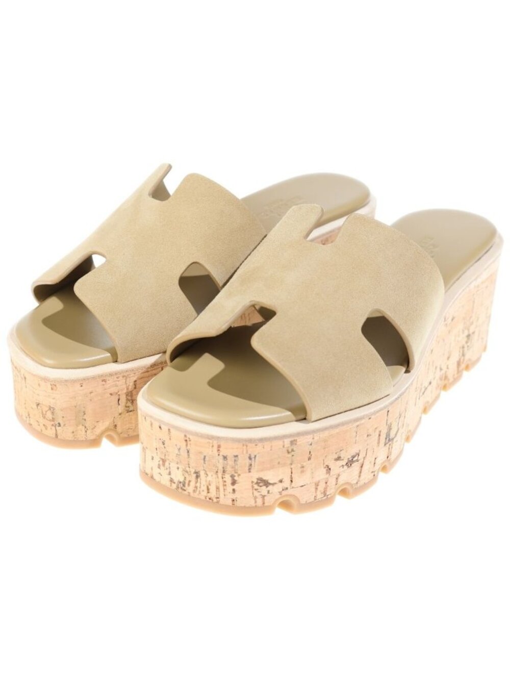 Hermes Eze Wedge Sole Sandals Thick Suede Cork Beige